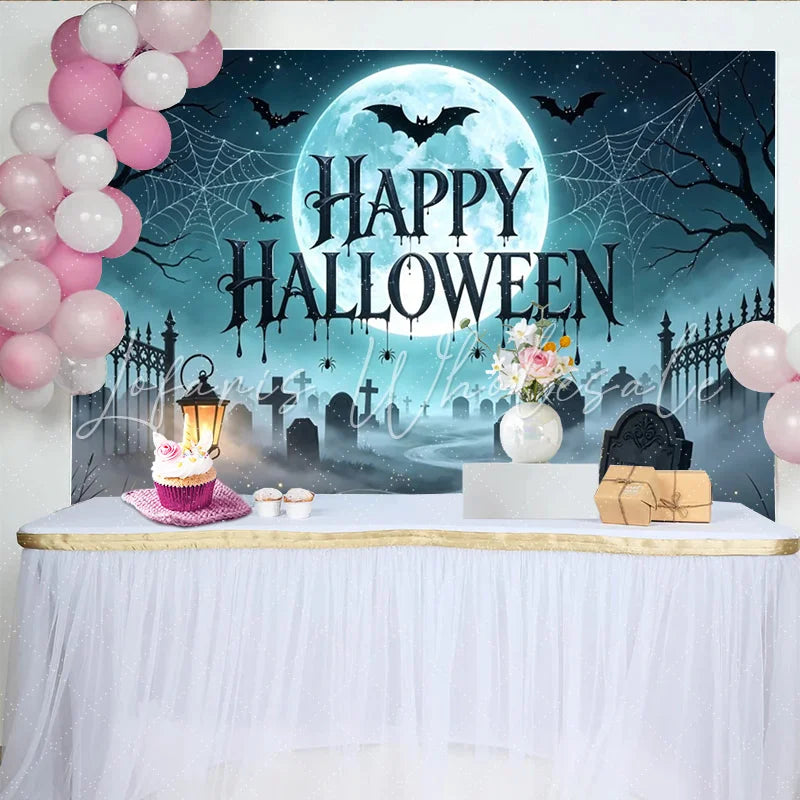Lofaris Spooky Halloween Backdrop with Full Moon Bats and Graveyard Scene Misty Cemetery Photo Background for Holiday Party Decoration