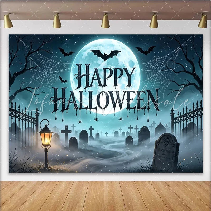Lofaris Spooky Halloween Backdrop with Full Moon Bats and Graveyard Scene Misty Cemetery Photo Background for Holiday Party Decoration