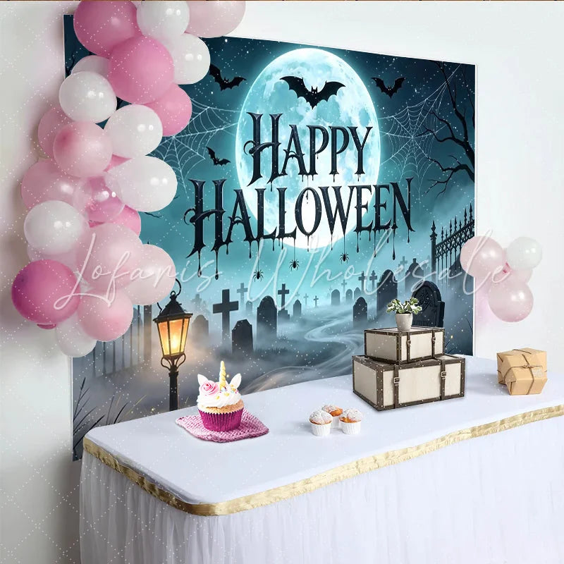 Lofaris Spooky Halloween Backdrop with Full Moon Bats and Graveyard Scene Misty Cemetery Photo Background for Holiday Party Decoration