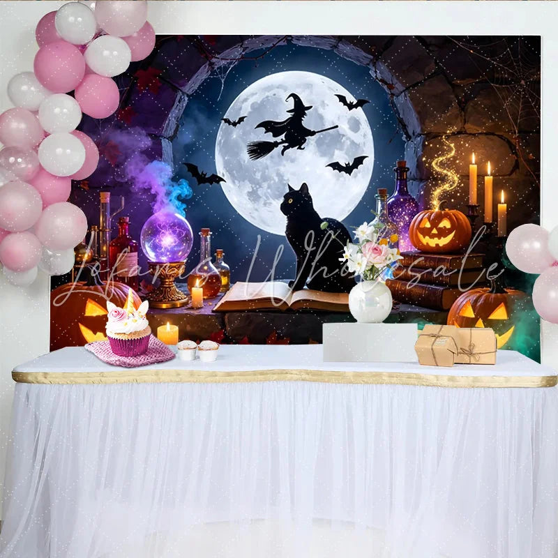 Lofaris Spooky Halloween Backdrop with Full Moon Witch and Flying Bats Magical Black Cat and Pumpkin Decor for Party