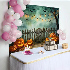Lofaris Spooky Halloween Backdrop with Glowing Jack-o-lanterns Bats and Misty Trees Wooden Fence Photography Background for Party Decor