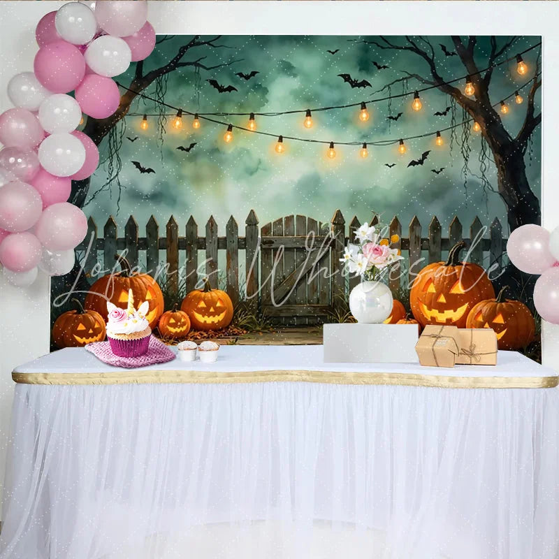 Lofaris Spooky Halloween Backdrop with Glowing Jack-o-lanterns Bats and Misty Trees Wooden Fence Photography Background for Party Decor