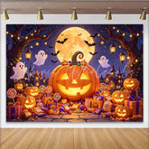 Lofaris Spooky Halloween Backdrop with Glowing Jack-o’-Lanterns Ghosts and Bats Haunted Castle Full Moon Party for Spooky Photoshoot