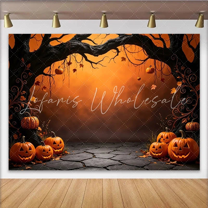 Lofaris Spooky Halloween Backdrop with Gnarled Tree and Glowing Jack-o’-Lanterns Autumn Party Decor for Photo Booth and Event Photography