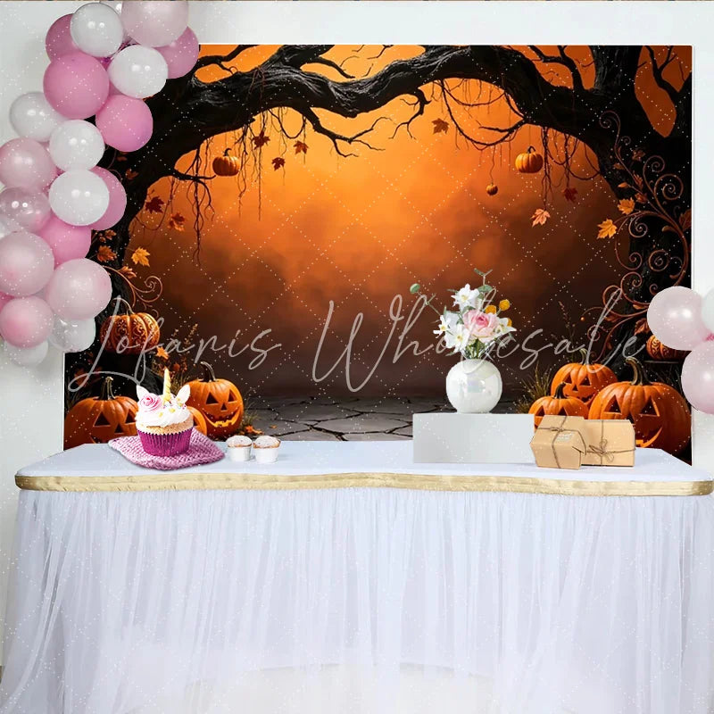 Lofaris Spooky Halloween Backdrop with Gnarled Tree and Glowing Jack-o’-Lanterns Autumn Party Decor for Photo Booth and Event Photography