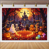 Lofaris Spooky Halloween Backdrop with Haunted House and Full Moon Friendly Monsters and Autumn Leaves Party Decor