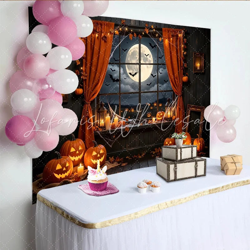 Lofaris Spooky Halloween Backdrop with Jack-o’-lanterns and Full Moon Dark Night Window Background for Spooky Party Decor and Photoshoot
