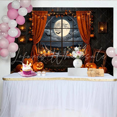 Lofaris Spooky Halloween Backdrop with Jack-o’-lanterns and Full Moon Dark Night Window Background for Spooky Party Decor and Photoshoot