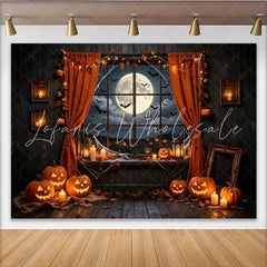 Lofaris Spooky Halloween Backdrop with Jack-o’-lanterns and Full Moon Dark Night Window Background for Spooky Party Decor and Photoshoot