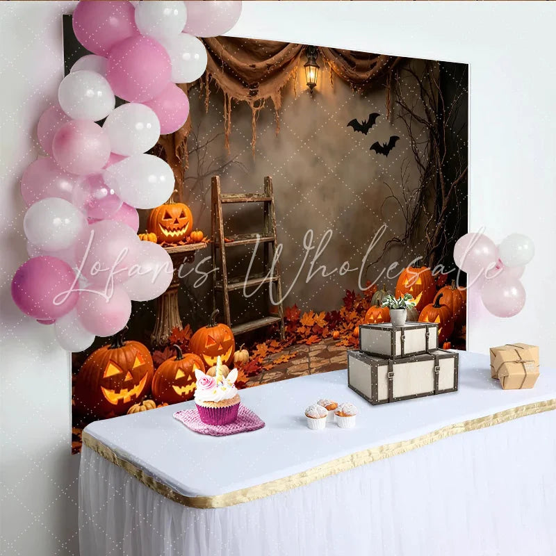Lofaris Spooky Halloween Backdrop with Jack-o-Lanterns Autumn Leaves and Bats Rustic Photography Background for Party Decor and Photoshoots