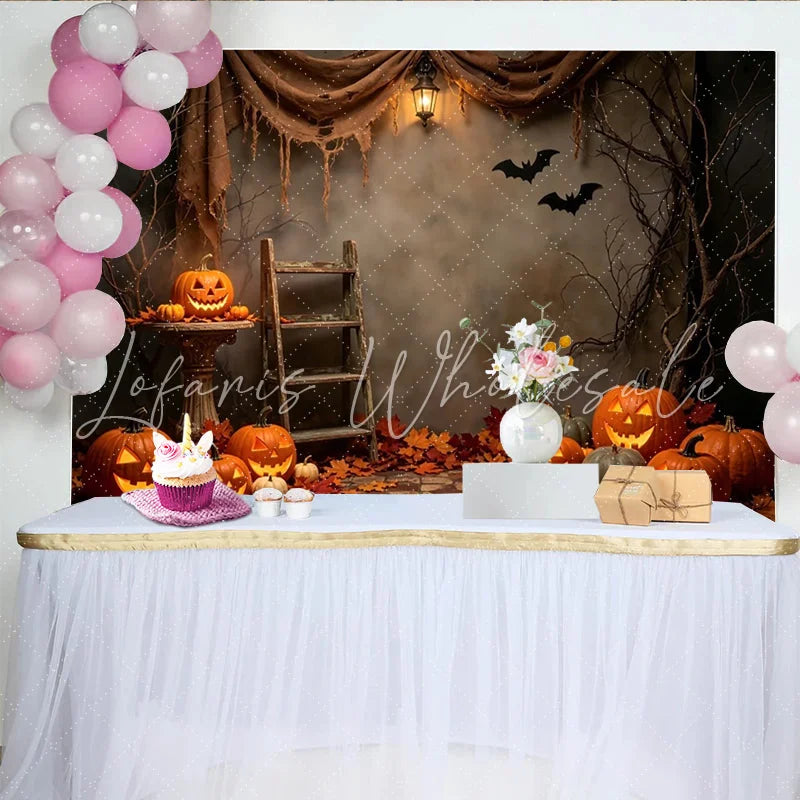 Lofaris Spooky Halloween Backdrop with Jack-o-Lanterns Autumn Leaves and Bats Rustic Photography Background for Party Decor and Photoshoots
