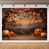 Lofaris Spooky Halloween Backdrop with Jack-o’-Lanterns Autumn Leaves and Flying Bats Misty Forest Photography Background for Party Decor