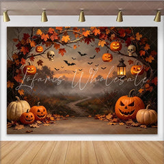 Lofaris Spooky Halloween Backdrop with Jack-o’-Lanterns Autumn Leaves and Flying Bats Misty Forest Photography Background for Party Decor