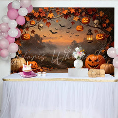 Lofaris Spooky Halloween Backdrop with Jack-o’-Lanterns Autumn Leaves and Flying Bats Misty Forest Photography Background for Party Decor