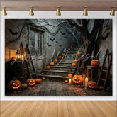 Lofaris Spooky Halloween Backdrop with Jack-o’-Lanterns Bats and Old House Stairs Eerie Night Scene Background for Spooky Party Decor
