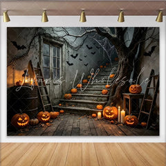 Lofaris Spooky Halloween Backdrop with Jack-o’-Lanterns Bats and Old House Stairs Eerie Night Scene Background for Spooky Party Decor