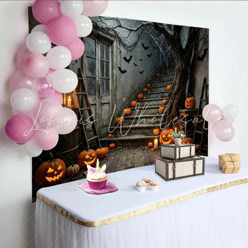 Lofaris Spooky Halloween Backdrop with Jack-o’-Lanterns Bats and Old House Stairs Eerie Night Scene Background for Spooky Party Decor