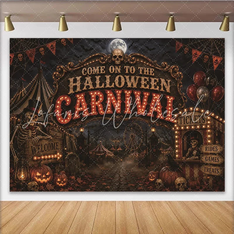 Lofaris Spooky Halloween Carnival Backdrop with Skeletons and Pumpkins Eerie Circus Tent Background for Party Decor