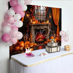 Lofaris Spooky Halloween Fireplace Backdrop with Jack-o’-Lanterns and Fall Leaves Creepy Autumn Scene Background for Party Photography