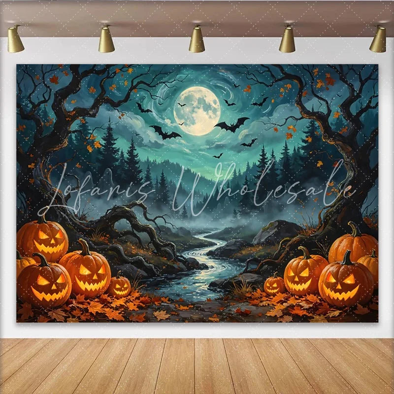 Lofaris Spooky Halloween Night Backdrop with Jack-o-lanterns Full Moon and Bats Misty Forest River Photography Background for Party Decor