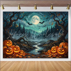 Lofaris Spooky Halloween Night Backdrop with Jack-o-lanterns Full Moon and Bats Misty Forest River Photography Background for Party Decor