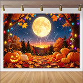 Lofaris Spooky Halloween Pumpkin Full Moon Backdrop with Autumn Leaves Colorful Lights and Spider Web Background for Fall Party Decor
