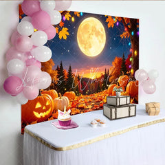 Lofaris Spooky Halloween Pumpkin Full Moon Backdrop with Autumn Leaves Colorful Lights and Spider Web Background for Fall Party Decor