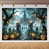Lofaris Spooky Haunted Castle Halloween Backdrop with Full Moon and Jack-o’-Lanterns Eerie Cemetery Gate Design for Party Decor