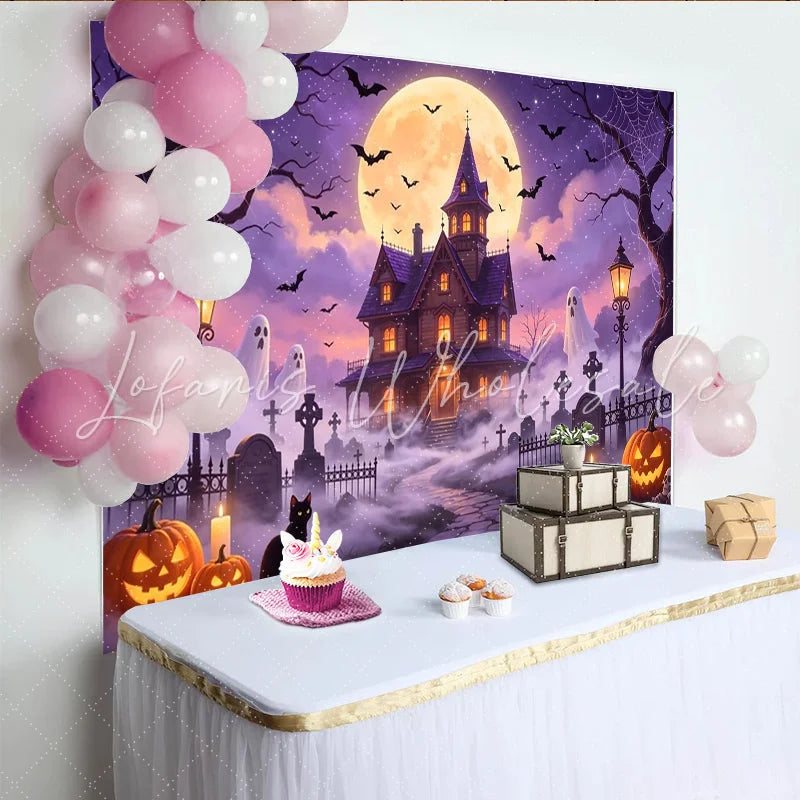 Lofaris Spooky Haunted House Halloween Backdrop with Full Moon Bats and Ghosts Eerie Graveyard Photography Background