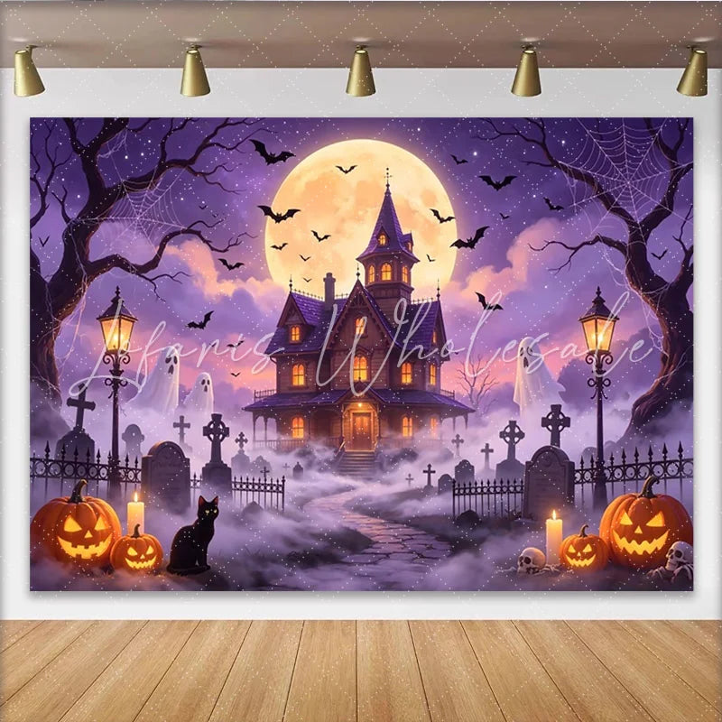 Lofaris Spooky Haunted House Halloween Backdrop with Full Moon Bats and Ghosts Eerie Graveyard Photography Background