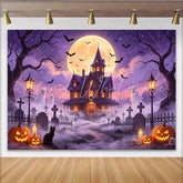 Lofaris Spooky Haunted House Halloween Backdrop with Full Moon Bats and Ghosts Eerie Graveyard Photography Background