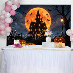 Lofaris Spooky Haunted House Halloween Backdrop with Glowing Jack-O’-Lanterns Creepy Night Scene Background for Party Decor