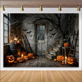 Lofaris Spooky Haunted House Halloween Backdrop with Jack-o’-Lanterns Bats and Eerie Tree Branches Vintage Photography for Party Decor