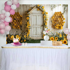 Lofaris Spring Bee Birthday Backdrop Sunflower Honeycomb Door Background Baby Shower Photo Studio Prop