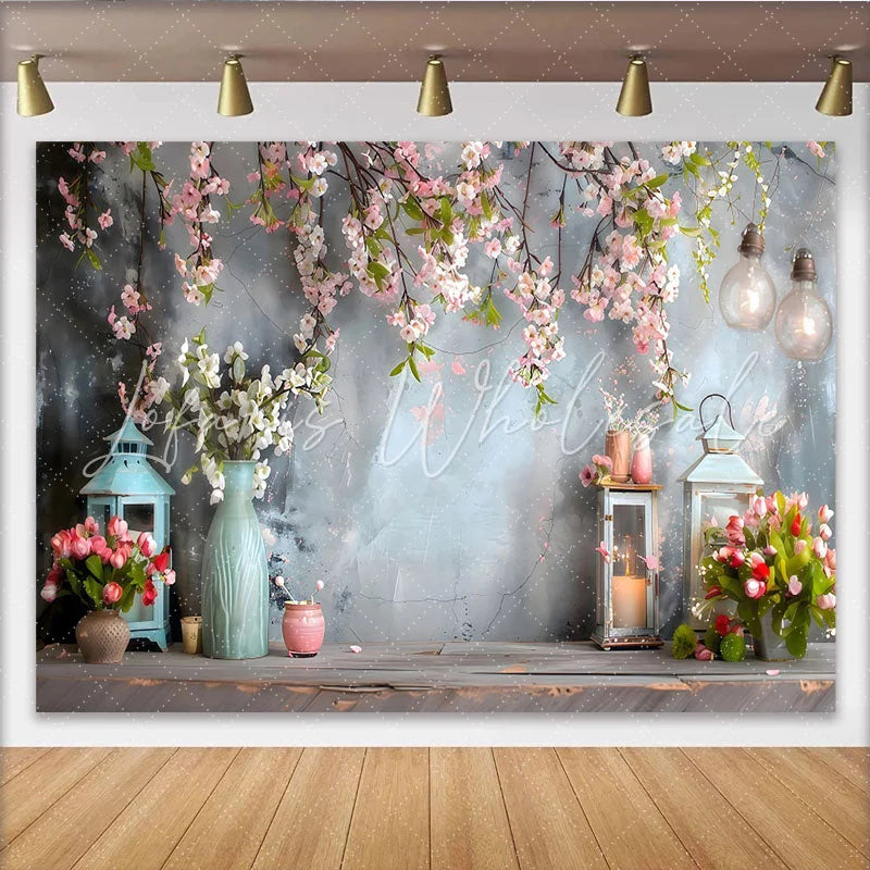 Lofaris Spring Blossom Garden Backdrop Vintage Lanterns and Pink Floral Photography Background
