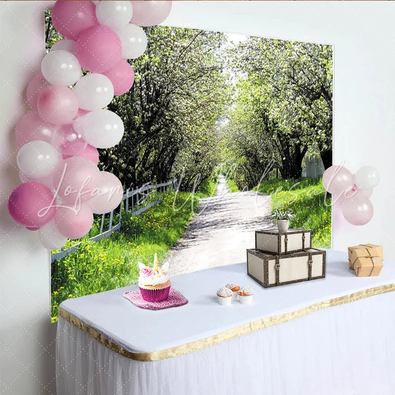 Lofaris Spring Blossom Path Photography Backdrop with White Flowers Natural Scenery Background for Outdoor Photoshoot.