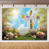 Lofaris Spring Easter Backdrop with Wooden Cross Colorful Eggs and Sunny Sky Lush Green Grass Background for Holiday Party