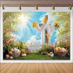 Lofaris Spring Easter Backdrop with Wooden Cross Colorful Eggs and Sunny Sky Lush Green Grass Background for Holiday Party