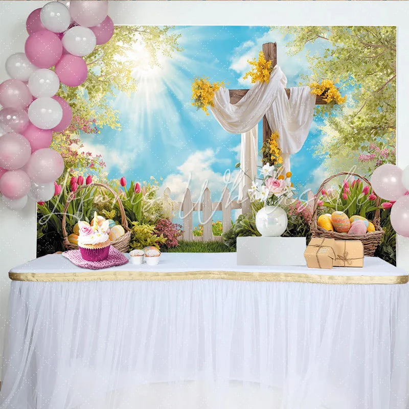 Lofaris Spring Easter Backdrop with Wooden Cross Colorful Eggs and Sunny Sky Lush Green Grass Background for Holiday Party
