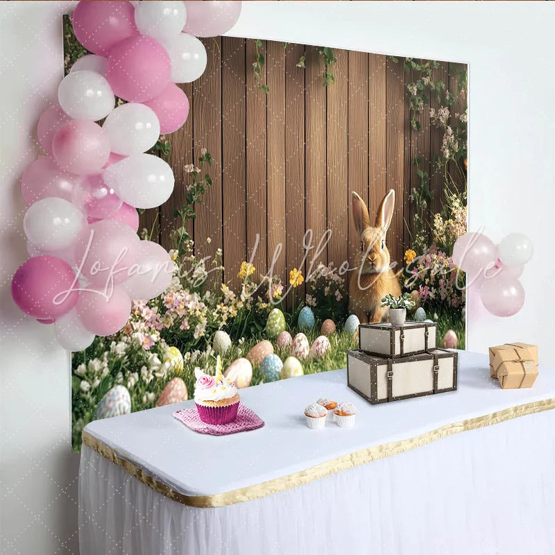 Lofaris Spring Easter Bunny Backdrop with Colorful Eggs and Wildflowers Rustic Wood Fence Background for Holiday Photoshoot