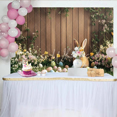 Lofaris Spring Easter Bunny Backdrop with Colorful Eggs and Wildflowers Rustic Wood Fence Background for Holiday Photoshoot
