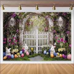 Lofaris Spring Easter Garden Backdrop White Picket Fence with Floral Archway Cute Bunnies and Colorful Eggs Photo Booth