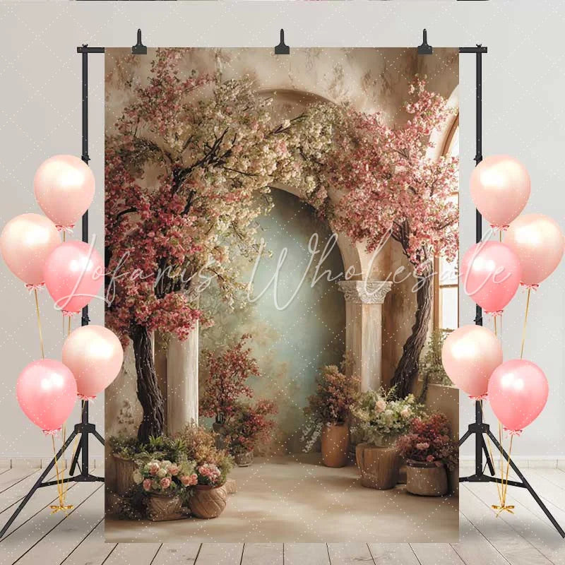 Lofaris Spring Floral Arch Backdrop Pink and White Blossom Trees with European Pillars for Wedding