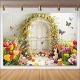 Lofaris Spring Floral Easter Backdrop with Arched Door Colorful Tulips and Butterflies Bunny Eggs Decor