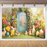 Lofaris Spring Floral Easter Backdrop with Green Door Cute Bunnies and Colorful Eggs Garden Party Decor