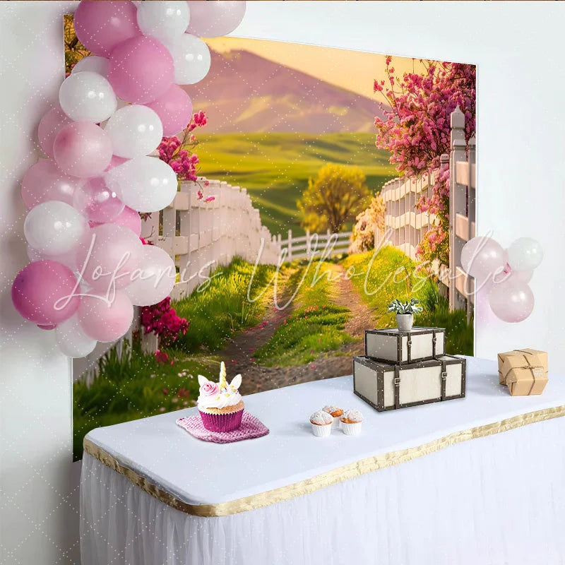 Lofaris Spring Floral Photography Backdrop with White Picket Fence Scenic Nature Background for Studio and Outdoor Photoshoots
