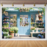 Lofaris Spring Flower Shop Photography Backdrop Blue Storefront and Bunny Photo Background