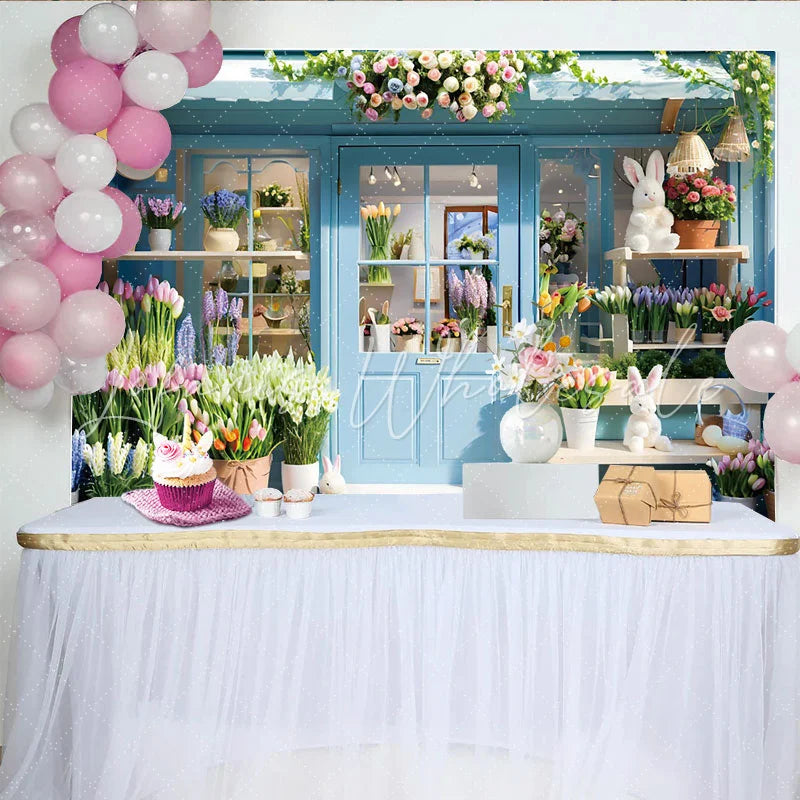 Lofaris Spring Flower Shop Photography Backdrop Blue Storefront and Bunny Photo Background