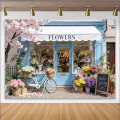 Lofaris Spring Flower Shop Photography Backdrop with Blue Facade and Cherry Blossoms Charming Bicycle and Hello Spring Sign for Photoshoot