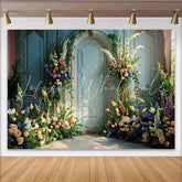 Lofaris Spring Garden Door Photography Backdrop Blue Interior and Floral Photo Background